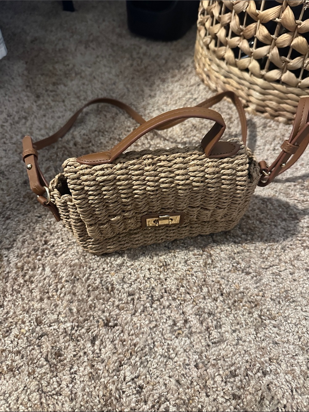 Woven Straw Crossbody Bag with Tan Trim